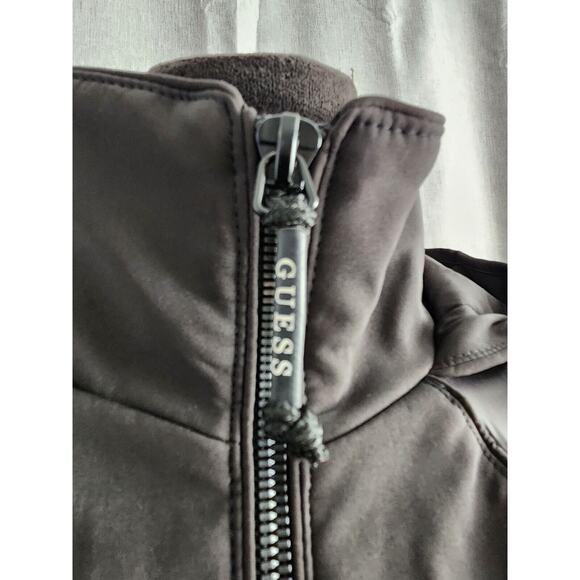 Women's GUESS Black Mixed Puffer softshell Hooded Zip Up Jacket Size L High Low - Picture 4 of 10